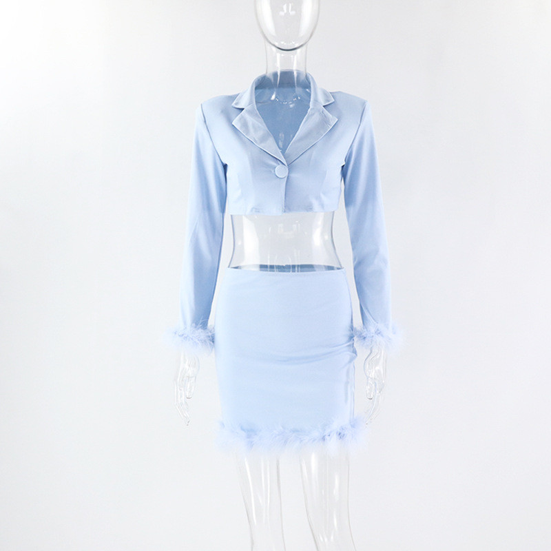 Patchwork ženski komplet s V izrezom, krzneni kratki kratki blejzeri i kratke hlače s dugim rukavima, jednobojni uski konusni ulični, ležerni, ženski