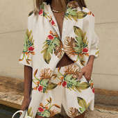 Ljetno Bearch odijelo Ženski dvodijelni set s otisnutim lišćem Elegantna ležerna jednoredna košulja na rever Široke hlače Kratki komplet odjeće