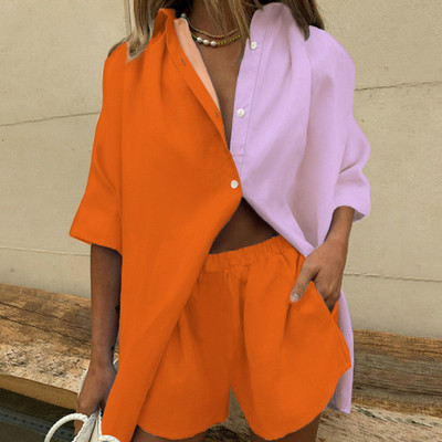 Ljetno Bearch odijelo Ženski dvodijelni set s otisnutim lišćem Elegantna ležerna jednoredna košulja na rever Široke hlače Kratki komplet odjeće