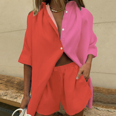 Ljetno Bearch odijelo Ženski dvodijelni set s otisnutim lišćem Elegantna ležerna jednoredna košulja na rever Široke hlače Kratki komplet odjeće