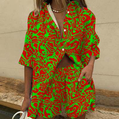 Ljetno Bearch odijelo Ženski dvodijelni set s otisnutim lišćem Elegantna ležerna jednoredna košulja na rever Široke hlače Kratki komplet odjeće