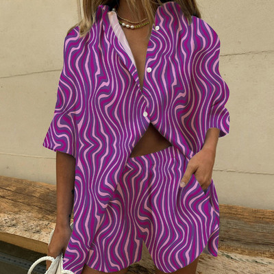 Ljetno Bearch odijelo Ženski dvodijelni set s otisnutim lišćem Elegantna ležerna jednoredna košulja na rever Široke hlače Kratki komplet odjeće