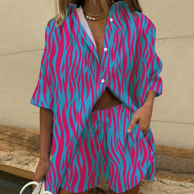 Ljetno Bearch odijelo Ženski dvodijelni set s otisnutim lišćem Elegantna ležerna jednoredna košulja na rever Široke hlače Kratki komplet odjeće