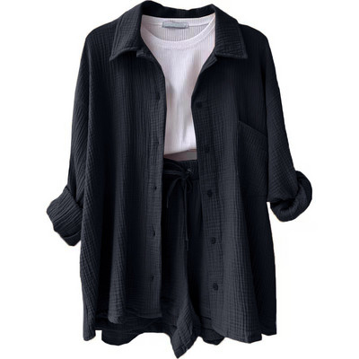 2023 Ολοκαίνουργιο καλοκαιρινό γυναικείο σετ 2 τεμαχίων Μακρυμάνικα πουκάμισα και σορτς μονόχρωμα, φαρδιά streetwear ψηλόμεση casual κοστούμι