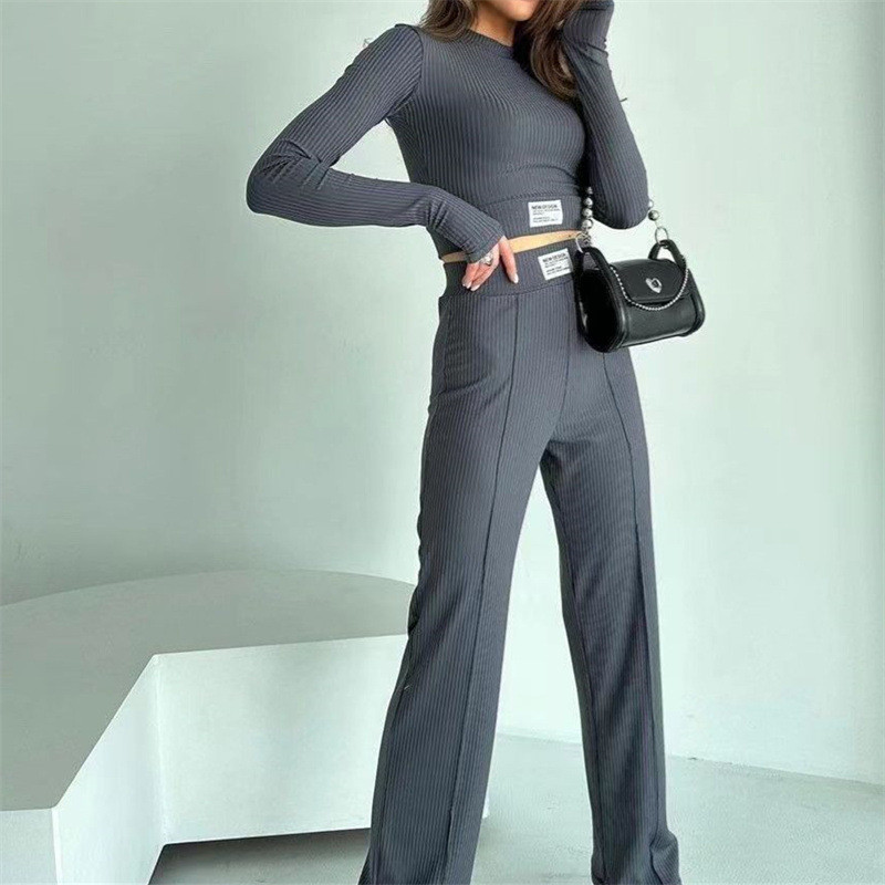 Proljeće Jesen Ženski dvodijelni sportski komplet Majice dugih rukava i hlače širokih nogavica Jednobojna ležerna ženska odjeća za uredske dame