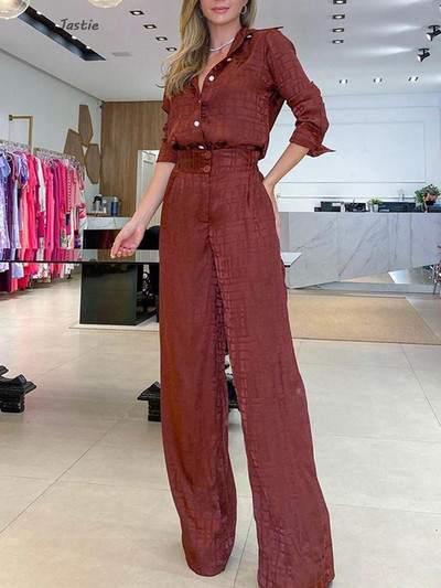 Karirane satenske košulje dugih rukava i široki set hlača visokog struka Široka uredska odjeća Odijelo s hlačama Jesen Proljeće Ležerna ženska odjeća