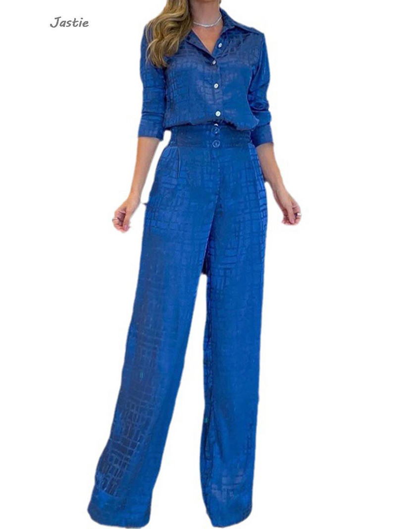 Karirane satenske košulje dugih rukava i široki set hlača visokog struka Široka uredska odjeća Odijelo s hlačama Jesen Proljeće Ležerna ženska odjeća