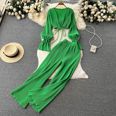 Kevadsügises šifoonist kostüümid naiste laienevate varrukatega kardigan laia säärega lahtiste pükstega Naiste vabaaja kõrge vöökohaga kaheosalised komplektid