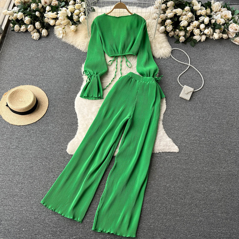 Kevadsügises šifoonist kostüümid naiste laienevate varrukatega kardigan laia säärega lahtiste pükstega Naiste vabaaja kõrge vöökohaga kaheosalised komplektid