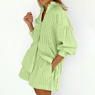 Prugasta košulja s lanternastim rukavima i gumbima Jacquard + komplet kratke hlače 2 kom. odijelo Pamučno ležerno bluza Proljetno ljeto Ženska odjeća