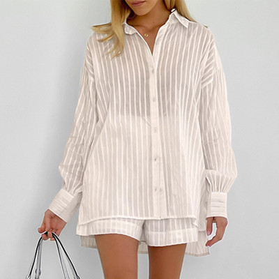 Prugasta košulja s lanternastim rukavima i gumbima Jacquard + komplet kratke hlače 2 kom. odijelo Pamučno ležerno bluza Proljetno ljeto Ženska odjeća