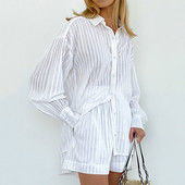 Triibuline laternaga varrukatega nööbiga särk Jacquard + lühikeste pükste komplekt, 2 tk. ülikond, puuvillane pendeldamine, vabaaja pluus kevadsuvi naiste varustus