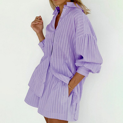 Triibuline laternaga varrukatega nööbiga särk Jacquard + lühikeste pükste komplekt, 2 tk. ülikond, puuvillane pendeldamine, vabaaja pluus kevadsuvi naiste varustus