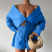 Casual χρώμα Πουκάμισα με μονό στήθος πέτο Ελαστικό ψηλόμεσο σορτς καλοκαιρινό σετ δύο τεμαχίων casual solid streetwear γυναικεία ρούχα