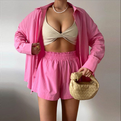 Casual χρώμα Πουκάμισα με μονό στήθος πέτο Ελαστικό ψηλόμεσο σορτς καλοκαιρινό σετ δύο τεμαχίων casual solid streetwear γυναικεία ρούχα