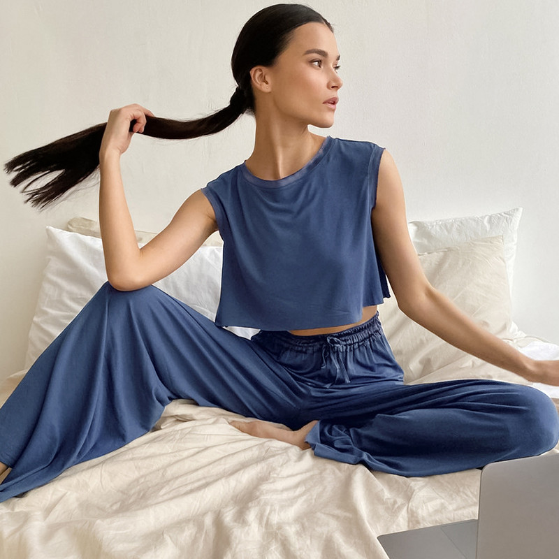 Nova ljetna pidžama s prslukom iz 2023., kratke hlače bez rukava, labave, udobne, plave, dvodijelni set, kućno ležerno odijelo za žene