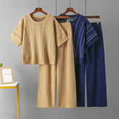 Moodne vabaaja naiste pükskostüüm, suvine uus ümara kaelusega triibuline lühikeste varrukatega särk lahtised laia säärega püksid, kaheosaline komplekt naistele 2023