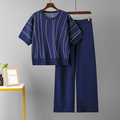 Moodne vabaaja naiste pükskostüüm, suvine uus ümara kaelusega triibuline lühikeste varrukatega särk lahtised laia säärega püksid, kaheosaline komplekt naistele 2023