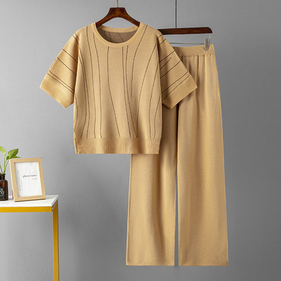 Moodne vabaaja naiste pükskostüüm, suvine uus ümara kaelusega triibuline lühikeste varrukatega särk lahtised laia säärega püksid, kaheosaline komplekt naistele 2023