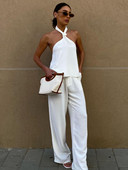 2023. aasta suvi uus seksikas ülikond, päitsete kael, seljata, kõrge vöökohaga püksid, kaheosaline komplekt, naiste vaba vabaaja õhukesed püksid, 2 osa