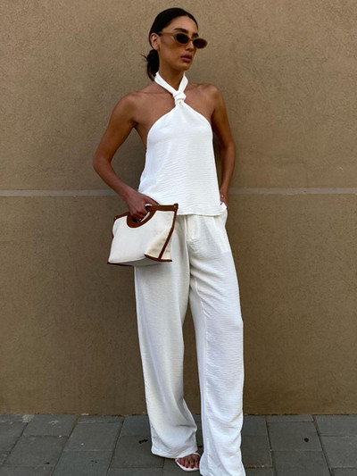 2023. aasta suvi uus seksikas ülikond, päitsete kael, seljata, kõrge vöökohaga püksid, kaheosaline komplekt, naiste vaba vabaaja õhukesed püksid, 2 osa