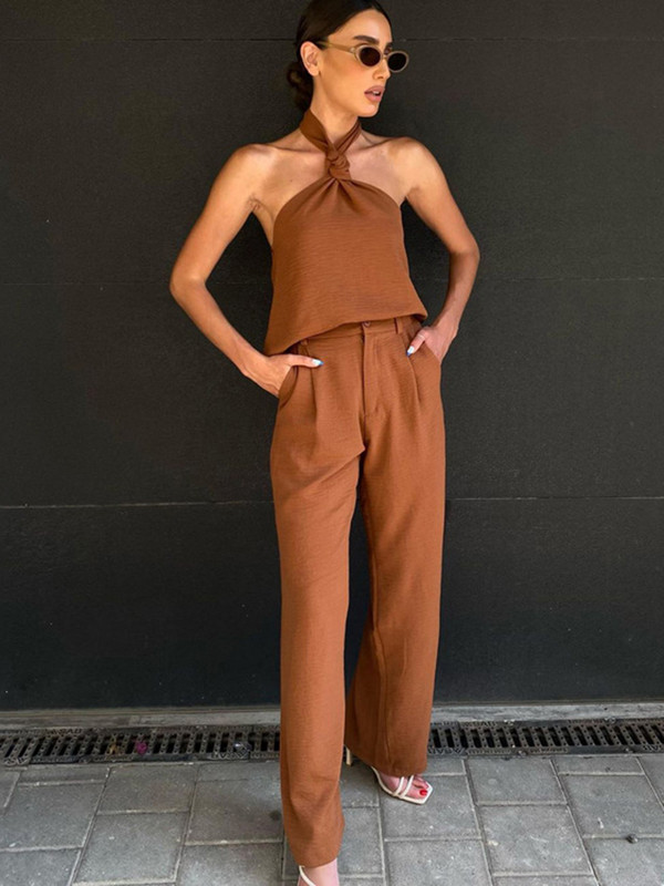 2023. aasta suvi uus seksikas ülikond, päitsete kael, seljata, kõrge vöökohaga püksid, kaheosaline komplekt, naiste vaba vabaaja õhukesed püksid, 2 osa