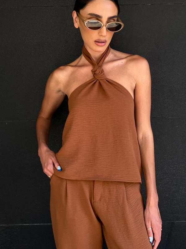 2023. aasta suvi uus seksikas ülikond, päitsete kael, seljata, kõrge vöökohaga püksid, kaheosaline komplekt, naiste vaba vabaaja õhukesed püksid, 2 osa