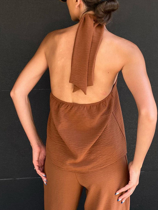 2023. aasta suvi uus seksikas ülikond, päitsete kael, seljata, kõrge vöökohaga püksid, kaheosaline komplekt, naiste vaba vabaaja õhukesed püksid, 2 osa