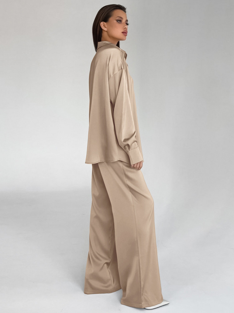 Sügisene vabaaja moekas revääridega särk naiste 2023. aasta üherealised üherealised pikkade varrukatega särgid, laia säärega püksid, kaheosaline komplekt, naiste 2023