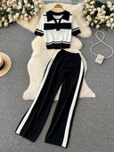 Suvine uus värv Kontrastne triibuline lühike ülikond Moodne kudumissärk kõrge vöökohaga vabaaja laia säärega püksid, kaheosaline komplekt naiste komplekt