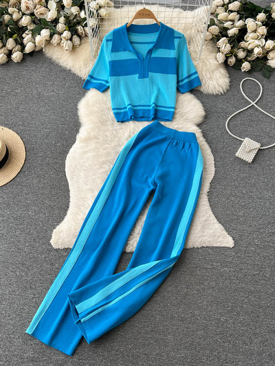 Suvine uus värv Kontrastne triibuline lühike ülikond Moodne kudumissärk kõrge vöökohaga vabaaja laia säärega püksid, kaheosaline komplekt naiste komplekt