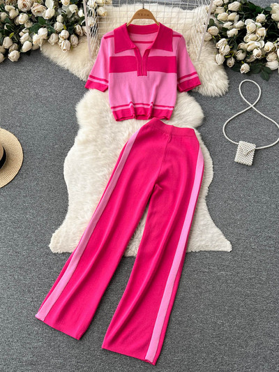 Suvine uus värv Kontrastne triibuline lühike ülikond Moodne kudumissärk kõrge vöökohaga vabaaja laia säärega püksid, kaheosaline komplekt naiste komplekt