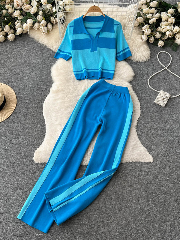 Suvine uus värv Kontrastne triibuline lühike ülikond Moodne kudumissärk kõrge vöökohaga vabaaja laia säärega püksid, kaheosaline komplekt naiste komplekt