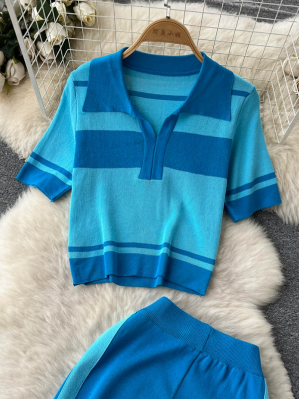 Suvine uus värv Kontrastne triibuline lühike ülikond Moodne kudumissärk kõrge vöökohaga vabaaja laia säärega püksid, kaheosaline komplekt naiste komplekt