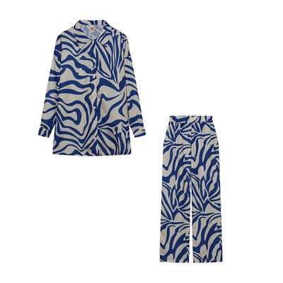 Prinditud kaheosalised komplektid Naiste komplektid, pikkade varrukatega särgid + laia säärega püksid, moodsad retrokomplektid vabaaja pluusiga pükste ülikonnad