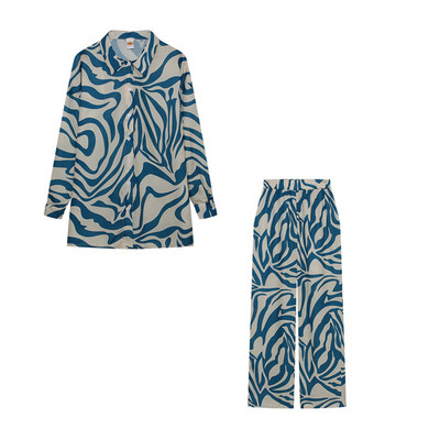 Prinditud kaheosalised komplektid Naiste komplektid, pikkade varrukatega särgid + laia säärega püksid, moodsad retrokomplektid vabaaja pluusiga pükste ülikonnad