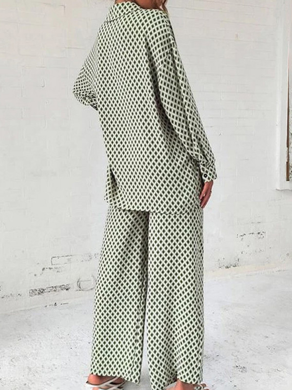 Prinditud kaheosalised komplektid Naiste komplektid, pikkade varrukatega särgid + laia säärega püksid, moodsad retrokomplektid vabaaja pluusiga pükste ülikonnad