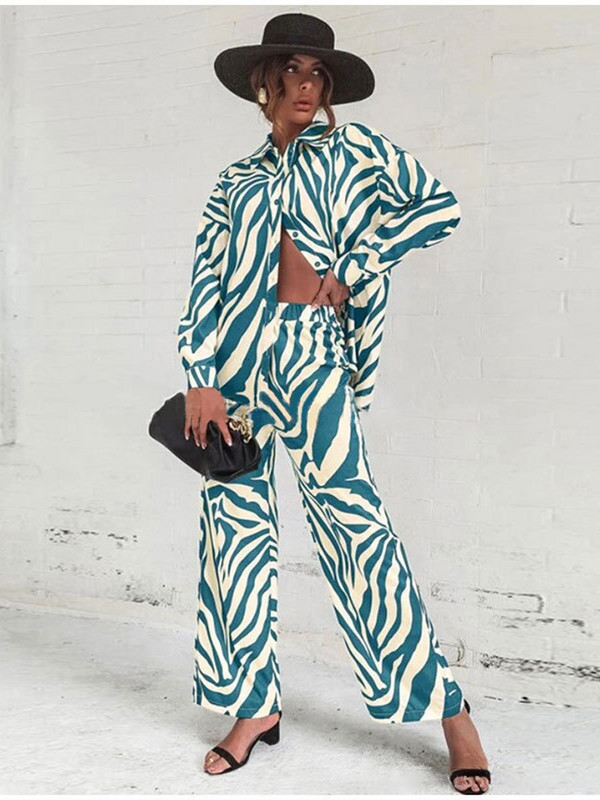 Prinditud kaheosalised komplektid Naiste komplektid, pikkade varrukatega särgid + laia säärega püksid, moodsad retrokomplektid vabaaja pluusiga pükste ülikonnad