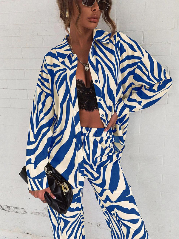 Prinditud kaheosalised komplektid Naiste komplektid, pikkade varrukatega särgid + laia säärega püksid, moodsad retrokomplektid vabaaja pluusiga pükste ülikonnad