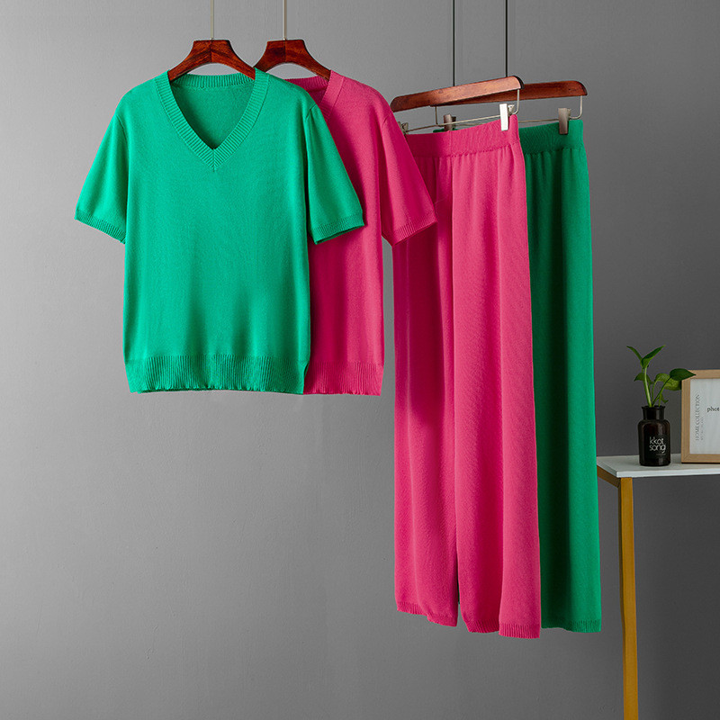 Ljeto 2023. Ženska labava, ležerna pletena vesta Ženska jednobojna, jednostavna košulja s V izrezom i kratkim rukavima, dvodijelni komplet hlača visokog struka, ženski