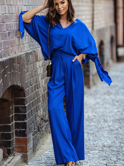 Nahkhiire varrukatega lahtised särgid kevadsuvi kõrge vöökohaga laia säärega püksikomplekt vabaaja V-kaelusega pullover pluus, ülikond, mood naiste riietus