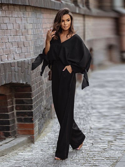 Nahkhiire varrukatega lahtised särgid kevadsuvi kõrge vöökohaga laia säärega püksikomplekt vabaaja V-kaelusega pullover pluus, ülikond, mood naiste riietus