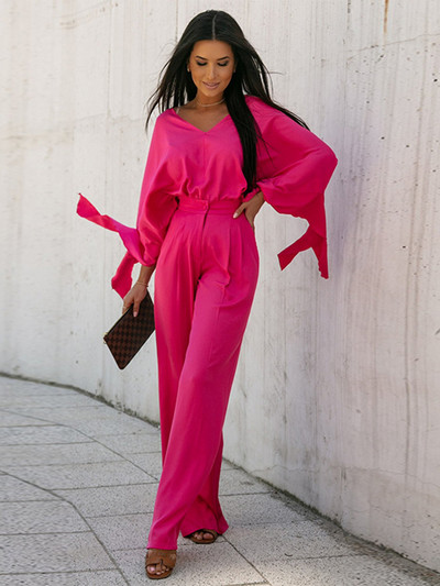 Nahkhiire varrukatega lahtised särgid kevadsuvi kõrge vöökohaga laia säärega püksikomplekt vabaaja V-kaelusega pullover pluus, ülikond, mood naiste riietus