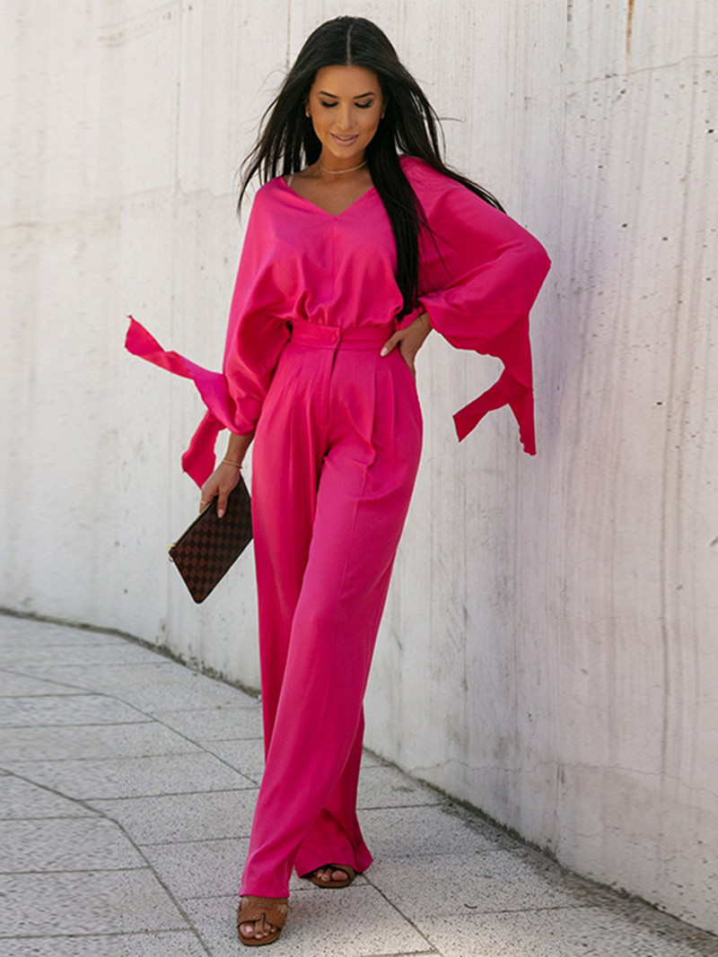 Nahkhiire varrukatega lahtised särgid kevadsuvi kõrge vöökohaga laia säärega püksikomplekt vabaaja V-kaelusega pullover pluus, ülikond, mood naiste riietus