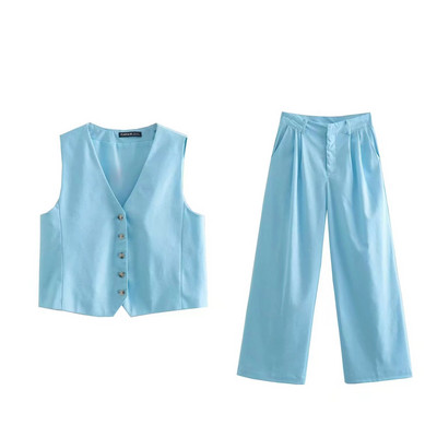 2023. aasta naiste püksid, 2-osalised komplektid, moodne linane vest, topid + laia säärega sirged püksid kontorikostüüm, vanaaegne naise kaheosaline riietus