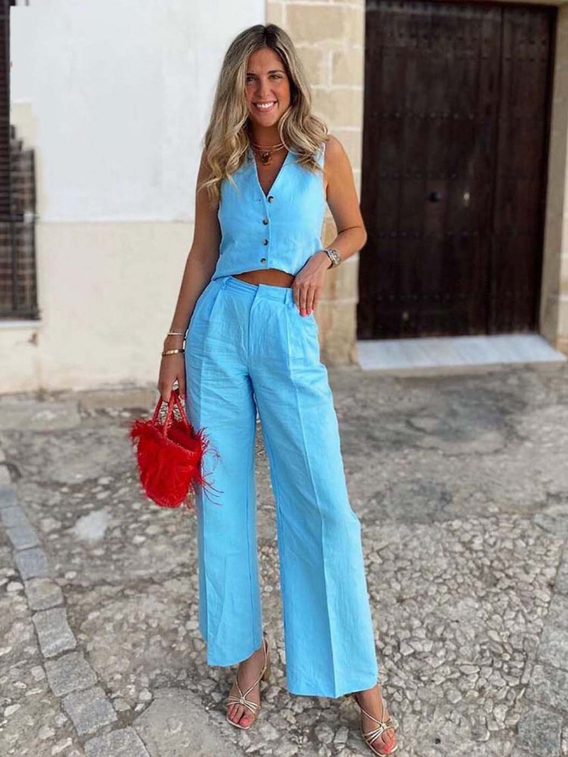 2023. aasta naiste püksid, 2-osalised komplektid, moodne linane vest, topid + laia säärega sirged püksid kontorikostüüm, vanaaegne naise kaheosaline riietus