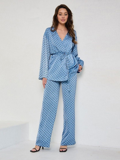 Pijamale cu imprimeu de primăvară Seturi de 2 piese Imitație de mătase Curea cu mânecă lungă Cămăși Pantaloni largi Costume Moda Loose Lady Homewear Set