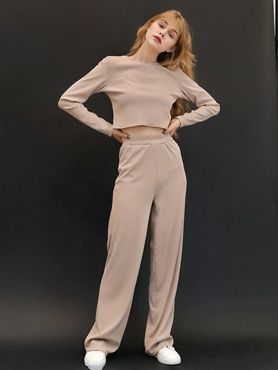 Moda de toamnă costume două piese femei sexy cu gât în formă de top crop cu pantaloni largi cu talie înaltă seturi casual cu mânecă lungă pulovere costume