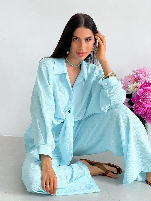 Kausaalsed lahtised koduülikonnad Sügismood Tugevad laia säärega püksid Vabad pidžaamakomplektid Vabaaja revääriga pitsilised topsid, kaheosalised komplektid naistele