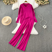 Modna jednobojna ženska odijela Labavi džemper s V-izrezom dugih rukava Dvodijelni kompleti Ležerni ravni pleteni kompleti širokih nogavica visokog struka